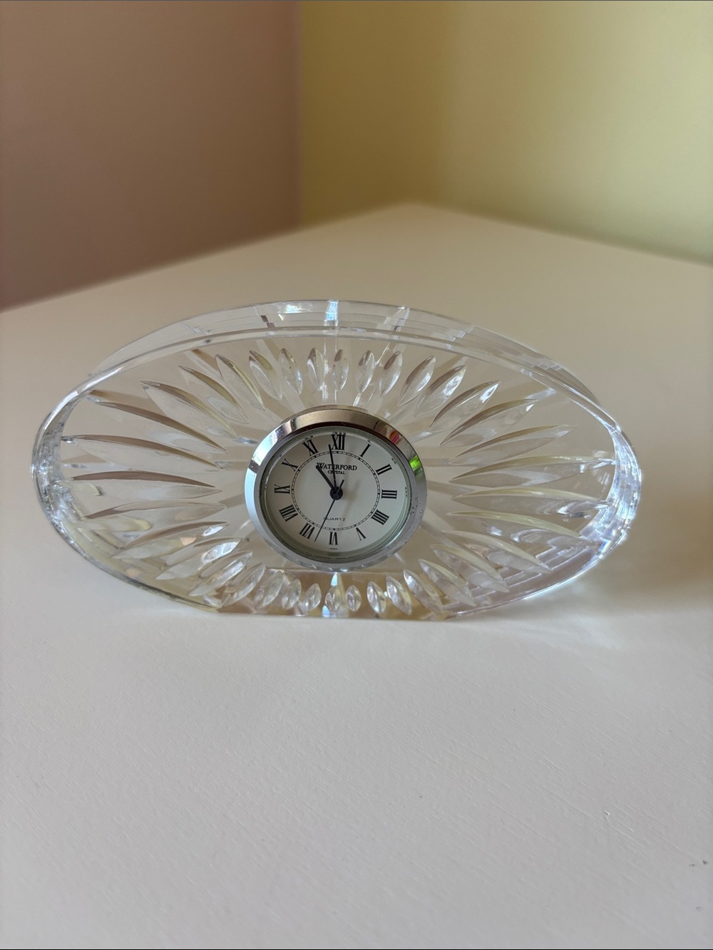 Waterford Clear Crystal Oval Desk Clock with Silver Trim
